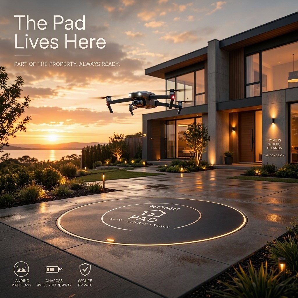 A drone descends to a glowing landing pad set into a home's driveway at sunset