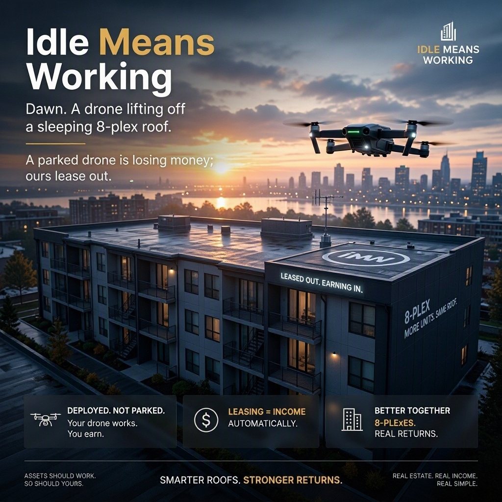 A drone lifts off the roof of a sleeping eight-unit apartment building at dawn