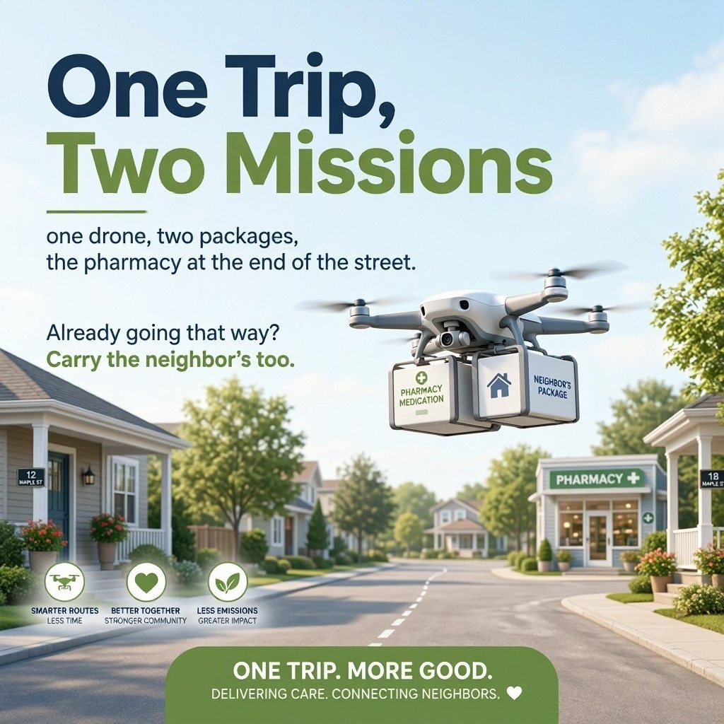 One drone carrying a pharmacy package and a neighbor's package down a suburban street