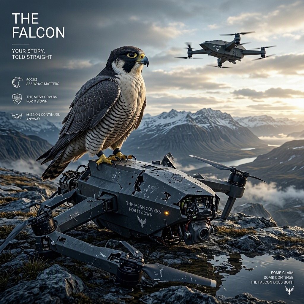 A falcon perched on a downed drone while a second drone flies the route overhead