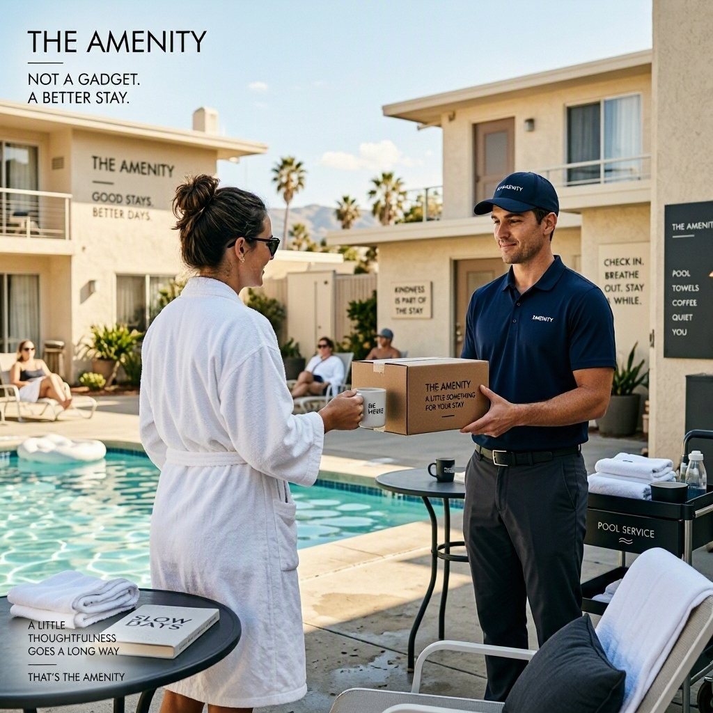 A motel guest by the pool receiving a delivered package as a stay amenity