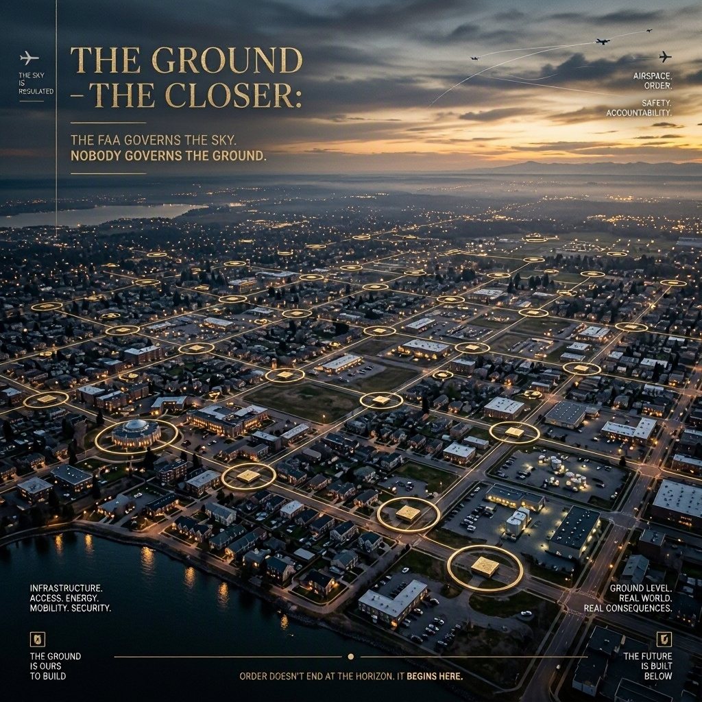 An aerial view of a town at dusk, a network of glowing pads laid over the whole grid