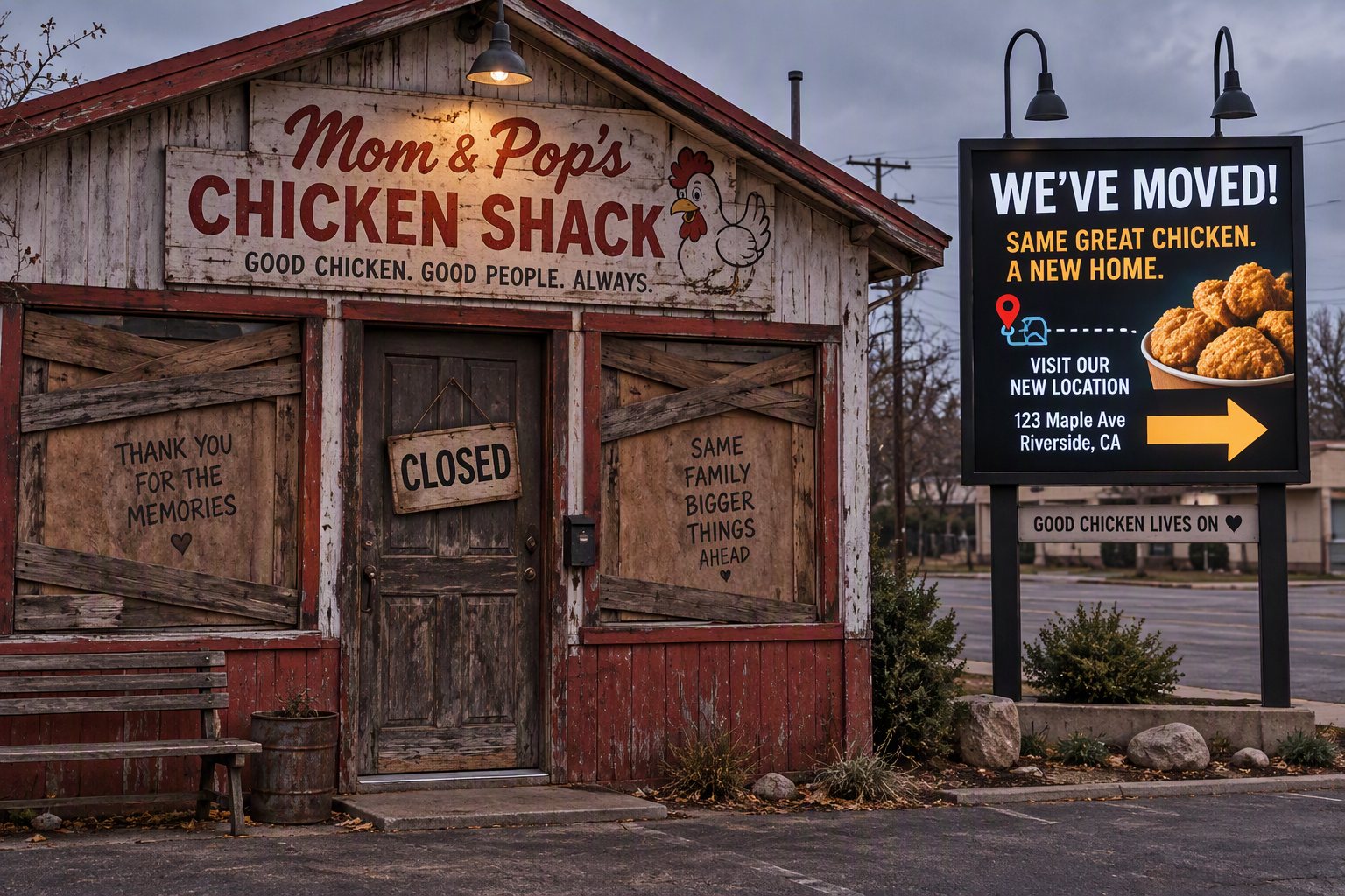 Mom and Pop's Chicken Shack, closed and boarded — the old address